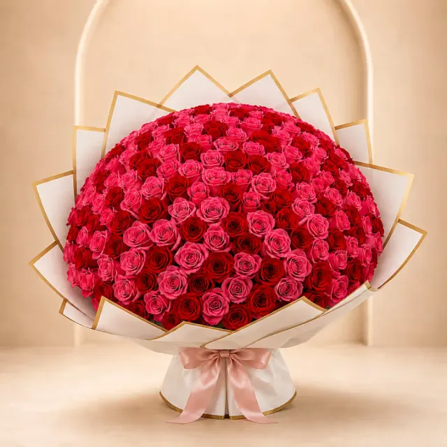 Rose Devotion Luxury Red & Pink Ramo Buchón – 100, 150 or 200 Roses