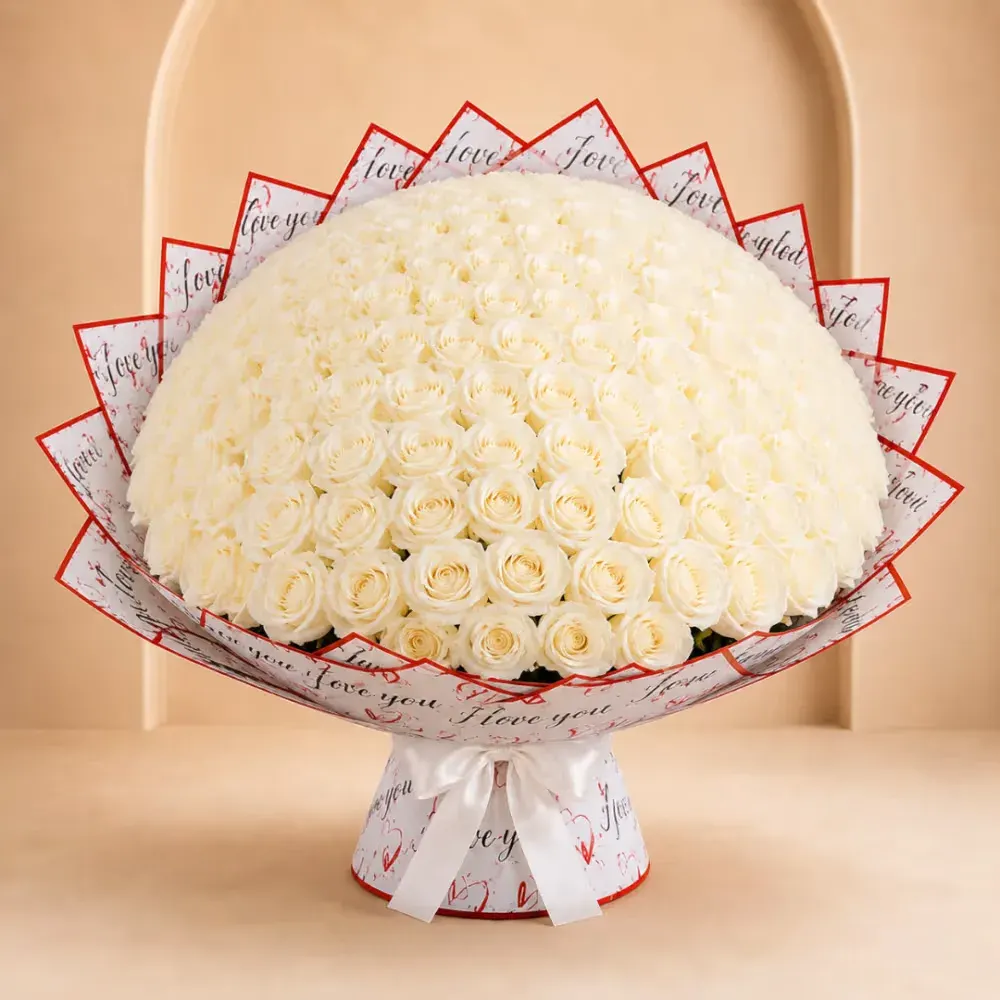 Ivory Promise Luxury White Rose Ramo Buchón – 100, 150 or 200 Roses