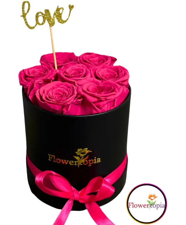 7 Preserved Hot Pink Roses in A Round Box