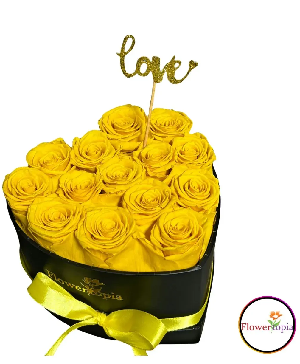 14 Yellow Preserved Roses in A Heart Box