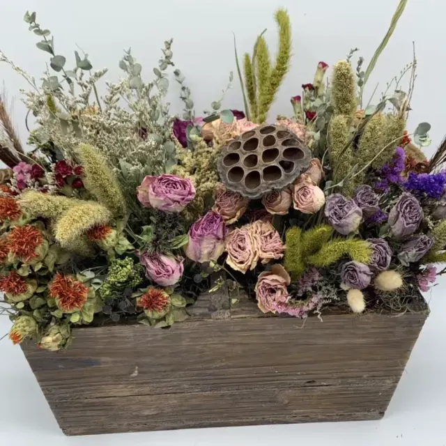 LONG LASTING DRIED floral in rustic wooden box