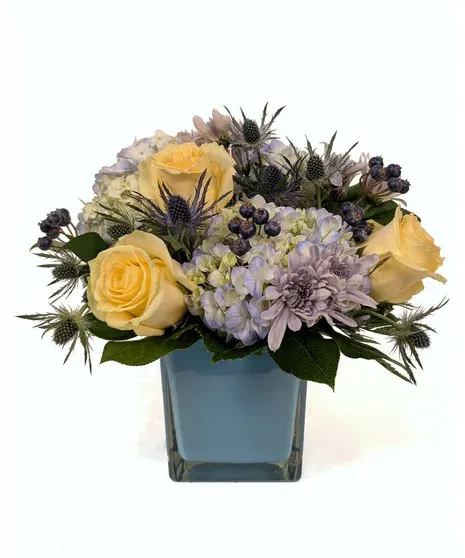 Blueberry Fizz Soft Yellow & Blue Cube Arrangement