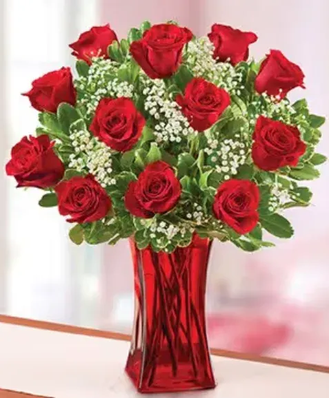 Dozen Red Roses in Red Taper Vase
