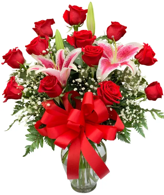 Heartfelt Dozen Roses With Stargazer Lilies
