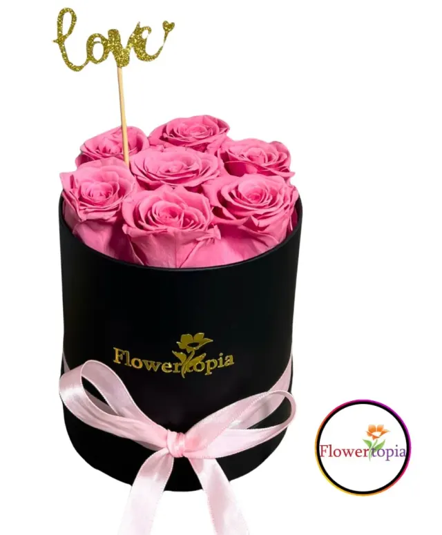 7 Preserved Pink Roses in A Round Box