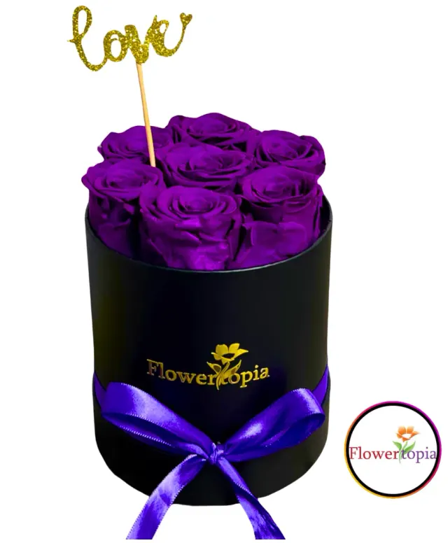 7 Preserved Purple Roses in A Round Box