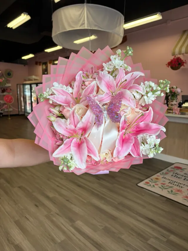 24 Pink and White Roses with Lilies