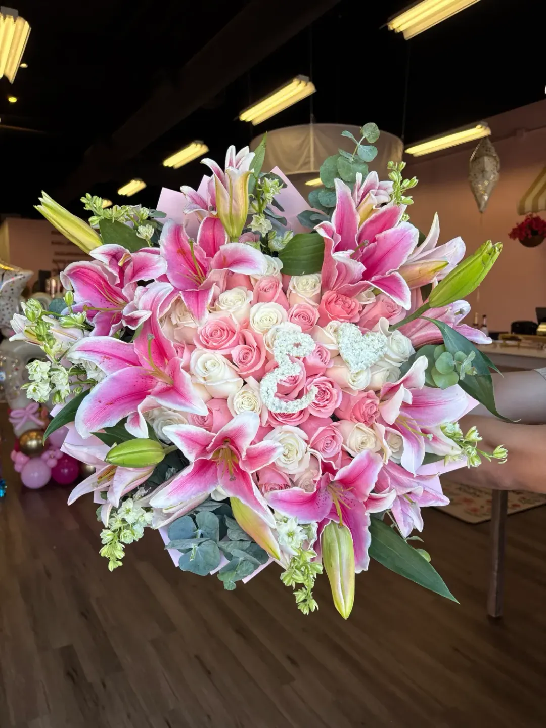 50 Pink and White Roses, Lilies and an Initial