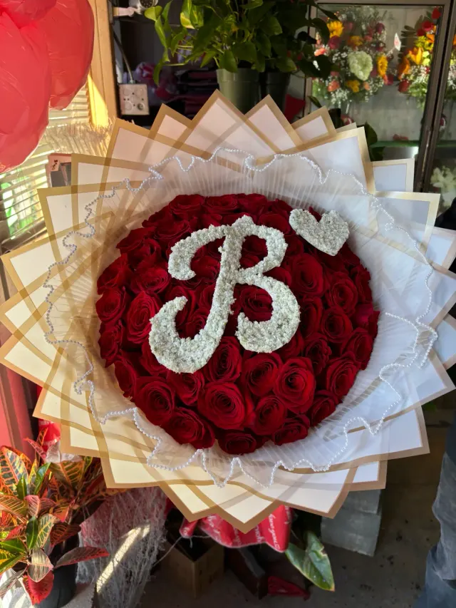 50 Red Roses with a Baby's-Breath Initial
