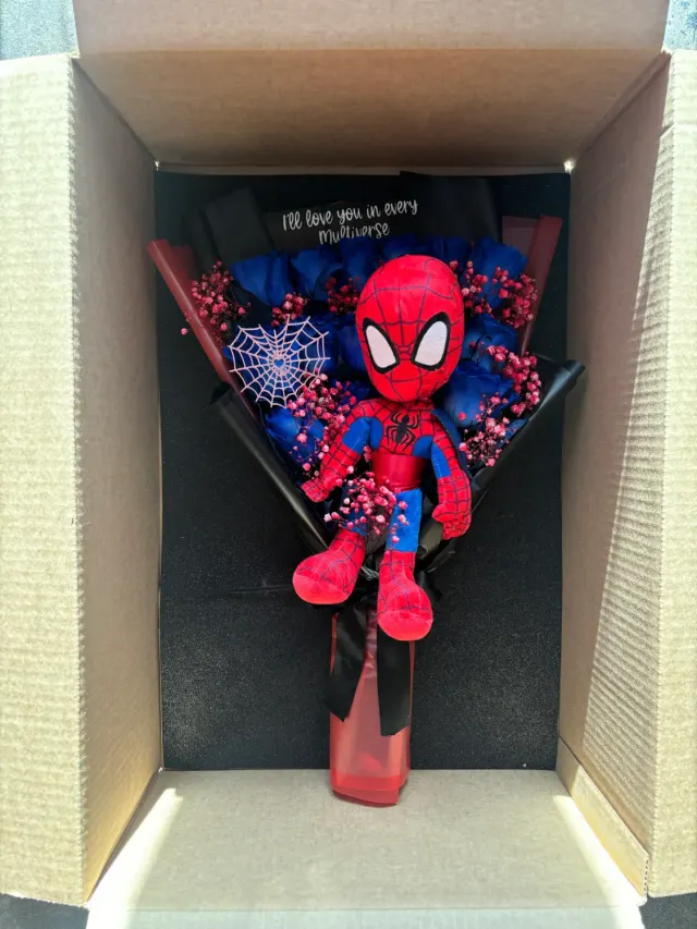 A Dozen Blue Roses and a Spidey Plush for Him