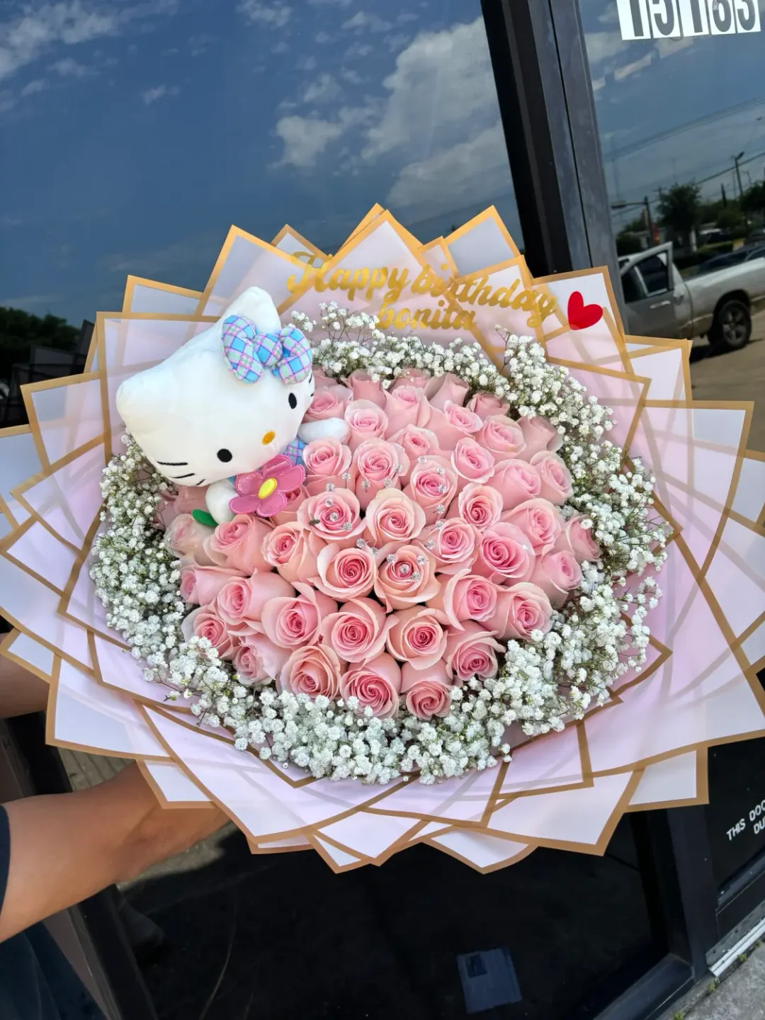 50 Pink Roses, Baby's-Breath Rim and Hello Kitty
