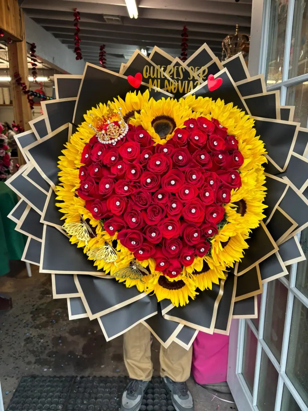 50 Roses and Sunflowers Heart-Shape Deluxe