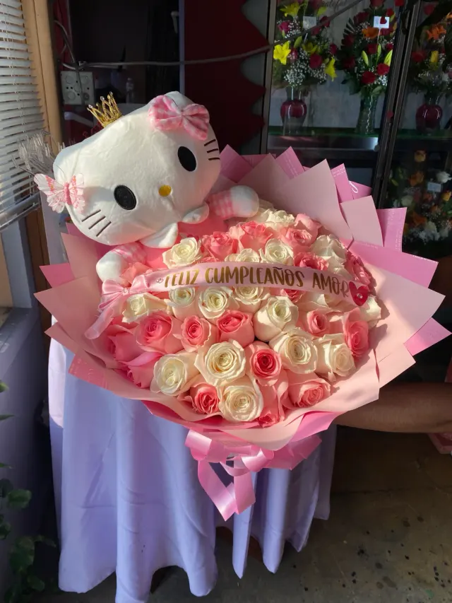 50 Pink and White Roses with a Hello Kitty Plush