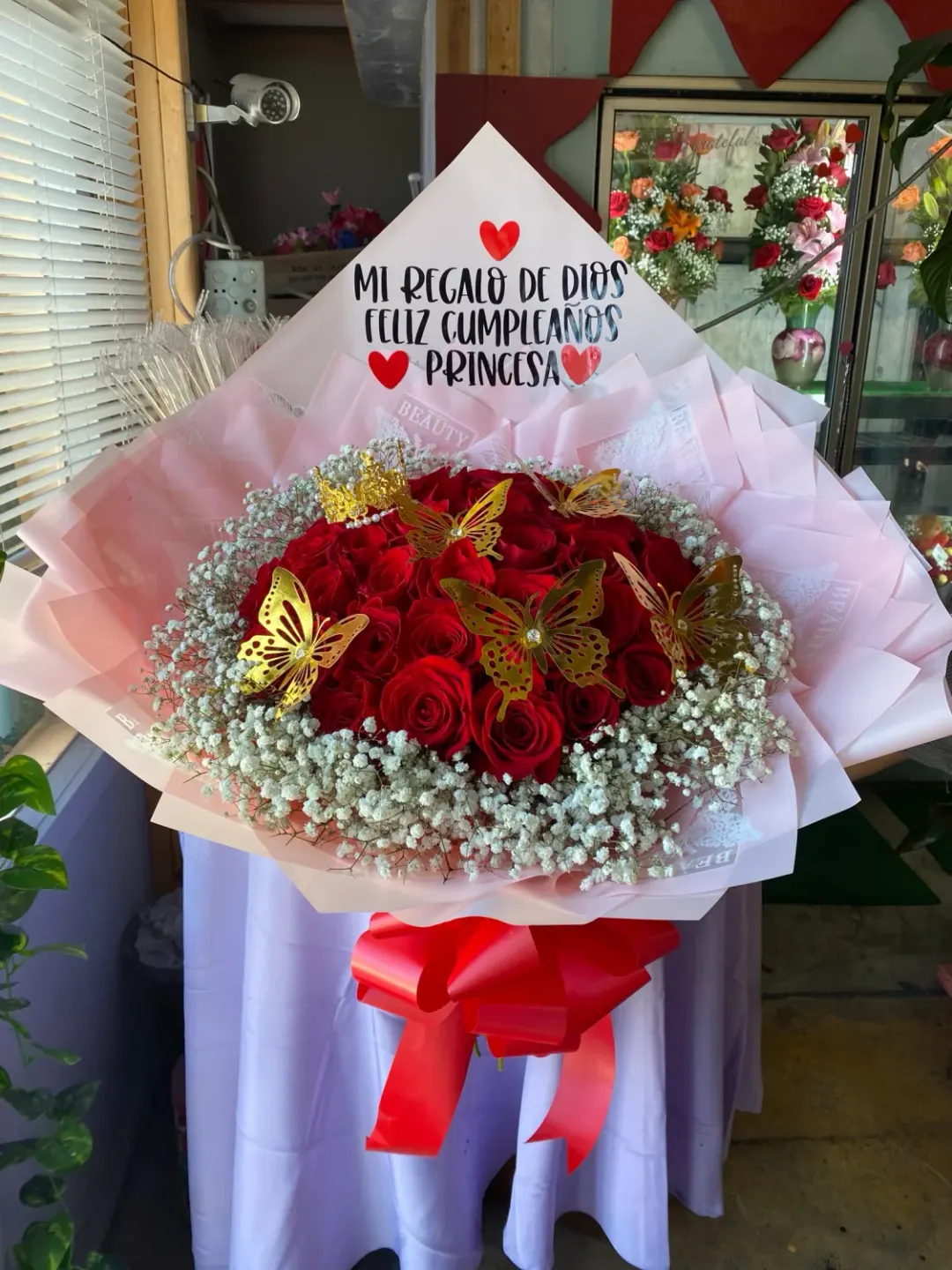 36 Red Roses with a Baby's-Breath Rim, Crown and Butterflies